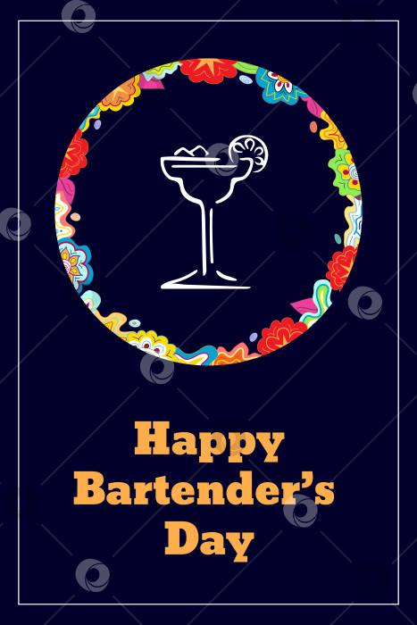 Скачать Поздравительная открытка, плакат ко всемирному национальному дню бармена в стиле каракули. Цветочный венок и коктейль "Маргарита" фотосток Ozero