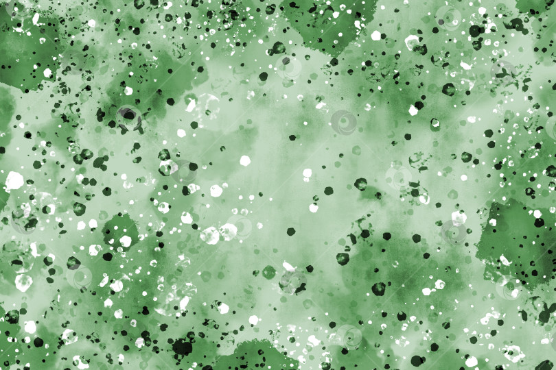 Скачать Зеленые акварельные пятна и брызги на зеленом фоне. Абстрактная акварельная монохромная текстура. Иллюстрация. фотосток Ozero