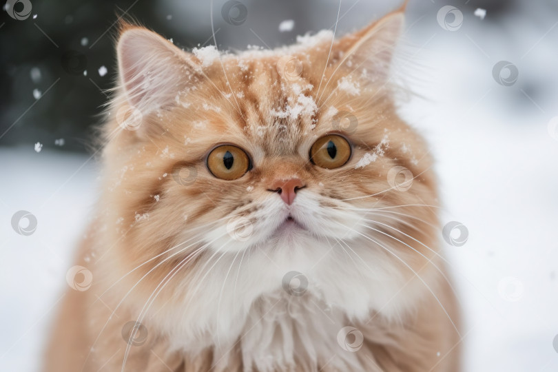 Скачать Кошка играет в снегу в зимнее время года. Милый котенок развлекается с белым снегом. Сгенерированный искусственный интеллект. фотосток Ozero