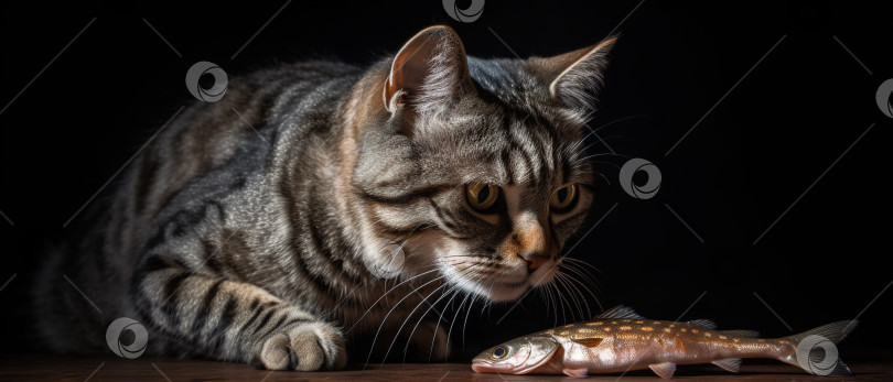 Скачать Милый кот наблюдает за рыбой. Забавный котенок, обнюхивающий рыбу. Сгенерированный искусственный интеллект. фотосток Ozero