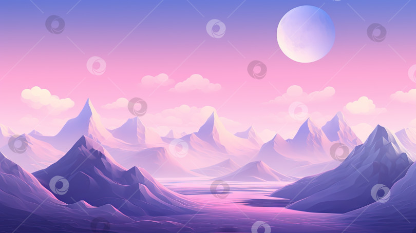 Скачать Розовый пейзаж с луной над многоугольными горами. Спокойный сюрреалистический фон. Сгенерированный искусственный интеллект. фотосток Ozero