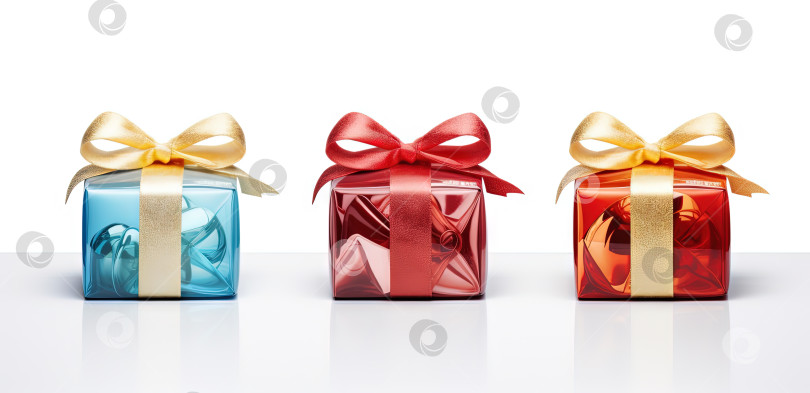 Скачать Набор красочных подарочных коробок с лентами для рождественских праздников или коммерческого мероприятия. Сгенерированный искусственный интеллект. фотосток Ozero