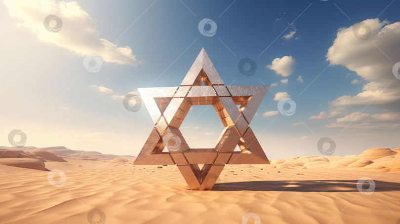 Скачать Металлическая звезда Давида на песке пустыни. Блестящий трехмерный символ Израиля - Маген Давид. Сгенерированный искусственный интеллект. фотосток Ozero