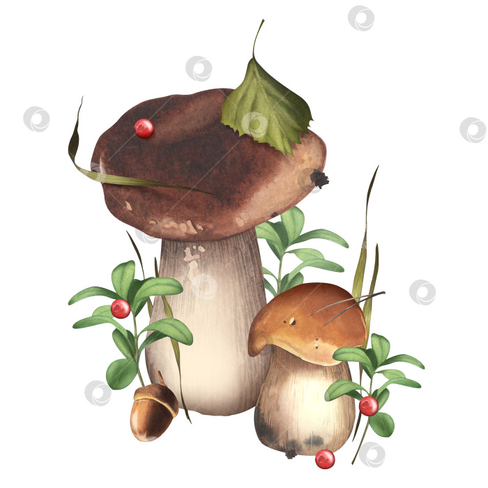Скачать Съедобные грибы с лесными ягодами. белые грибы с клюквой. Акварельная иллюстрация на лесную тематику. Натуральные ингредиенты. Осенний сезон. Для оформления открыток, плакатов фотосток Ozero