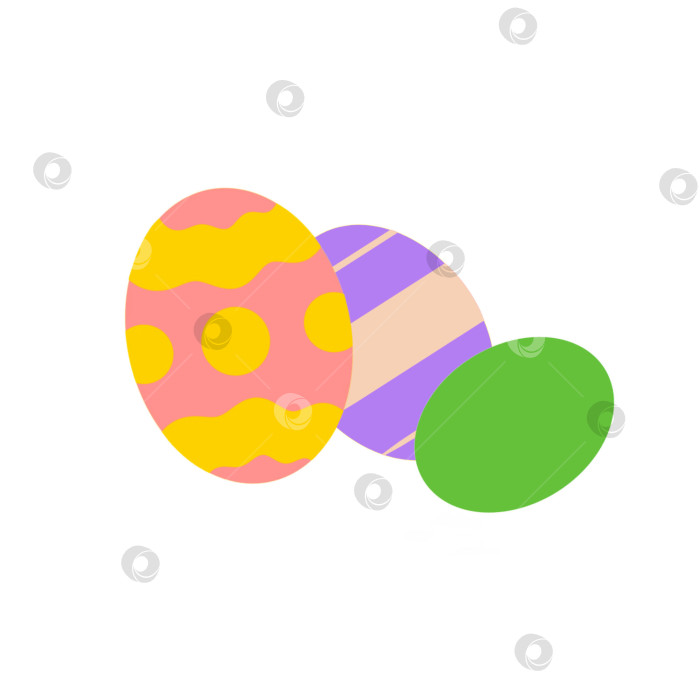 Скачать Разноцветные пасхальные яйца. Розовое с желтым орнаментом, фиолетовое с белым и зеленым яйцом. Изображение, выделенное на белом фоне. Векторная иллюстрация. Элемент дизайна для оформления тематических открыток, меню плакатов с детскими товарами. фотосток Ozero