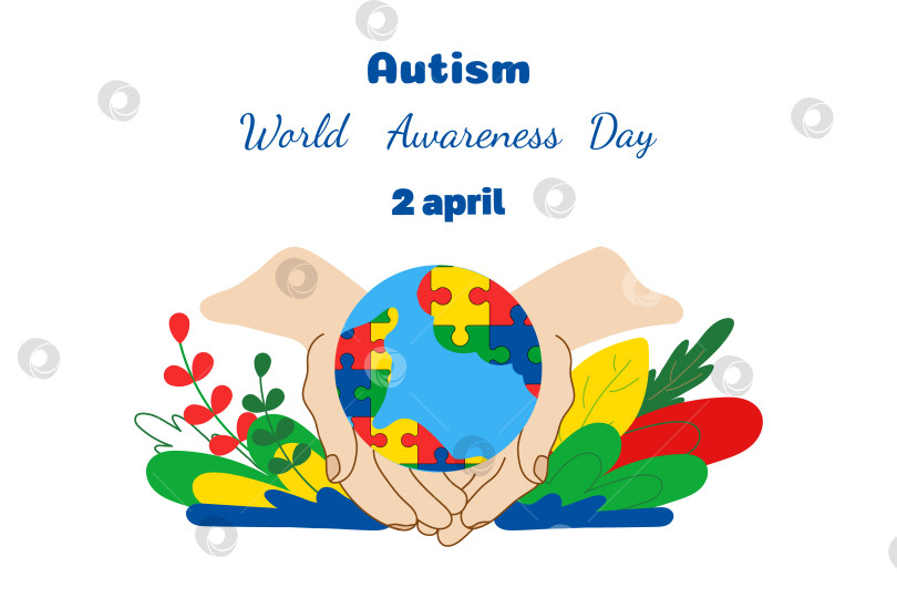 Скачать Векторный баннер Всемирного дня осведомленности об аутизме. Земной шар в руках, растения в плоском стиле. Карточка шаблона фотосток Ozero