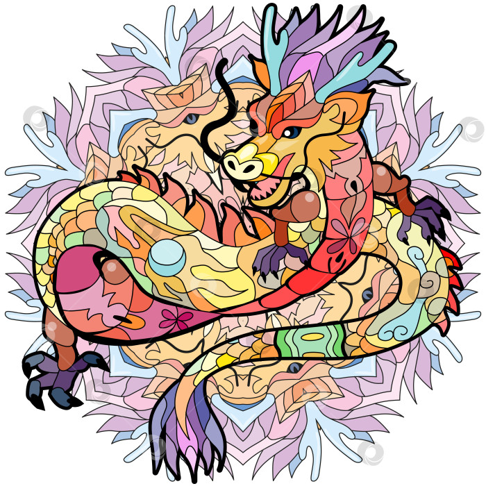 Скачать Зентангловый дракон на мандале. Нарисованная от руки декоративная векторная иллюстрация фотосток Ozero