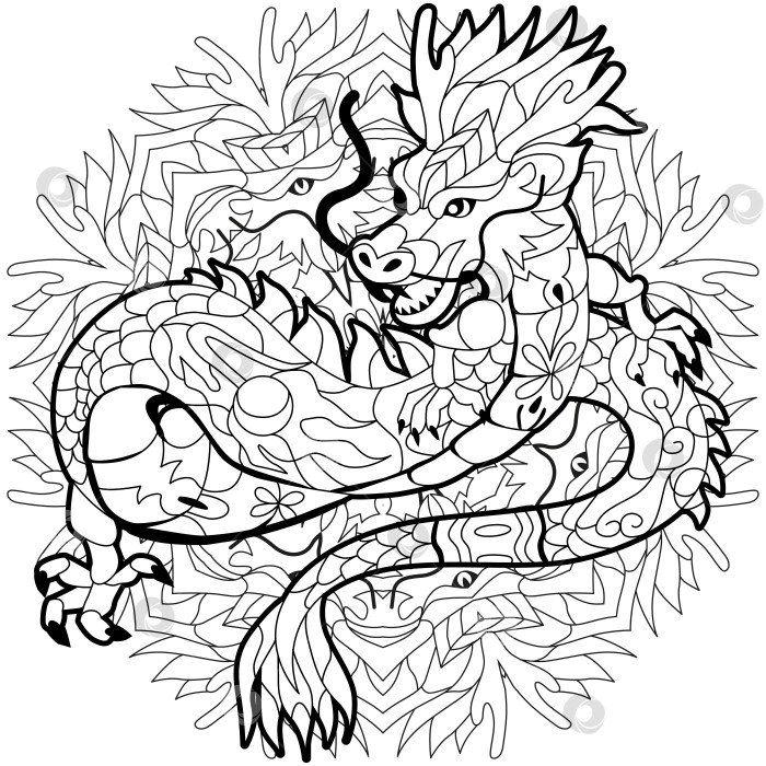 Скачать Зентангловый дракон на мандале для раскрашивания. Нарисованная от руки декоративная векторная иллюстрация фотосток Ozero