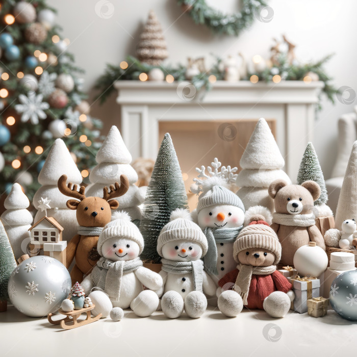Скачать Игрушки, животные, снеговики с рождественской елкой в праздничном интерьере фотосток Ozero