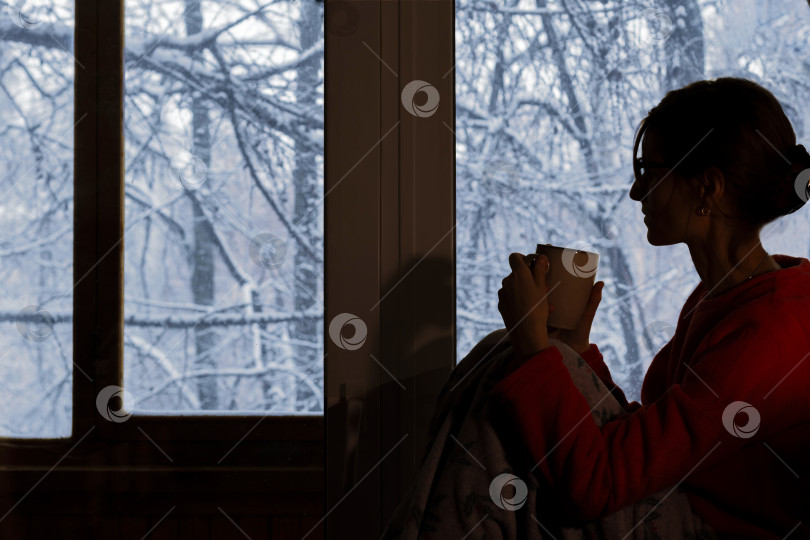 Скачать женщина пьет кофе ранним зимним утром и любуется заснеженными деревьями за своим окном. силуэт. Хюгге, уютный фотосток Ozero