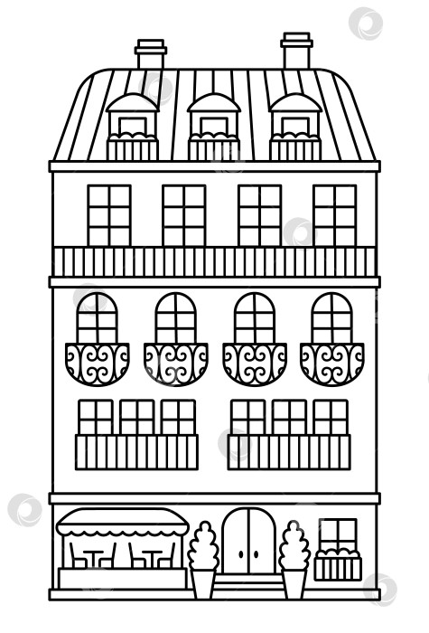 Скачать Векторный значок линии многоквартирного дома. Иллюстрация традиционного дома в Париже или раскраска. Черно-белая фотография исторического французского здания с кафе, выделенным на белом фоне фотосток Ozero