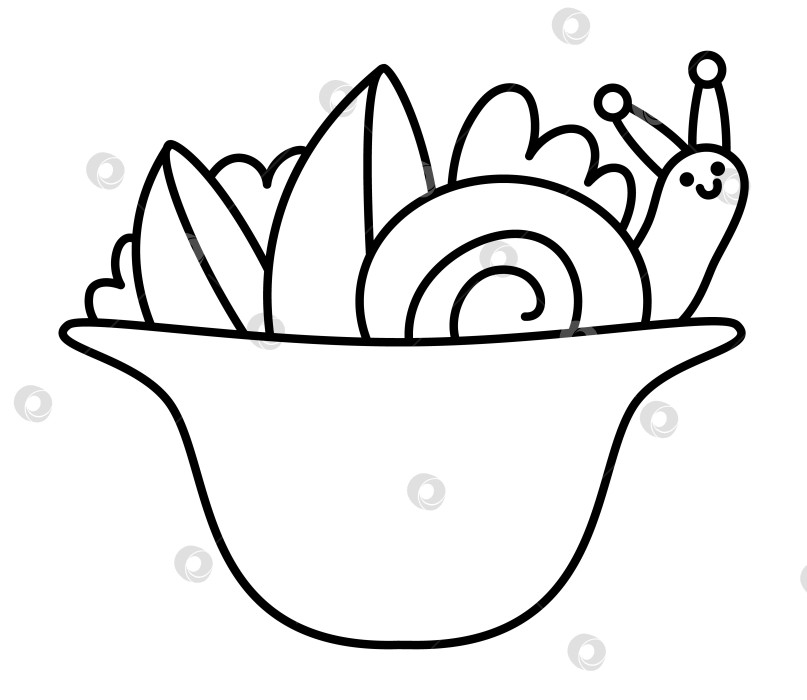 Скачать Векторная черно-белая улыбающаяся улитка и устрицы в тарелке. Иллюстрация или раскраска линии традиционного французского блюда из улиток фотосток Ozero