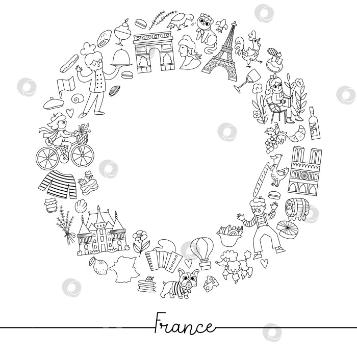 Скачать Векторная черно-белая французская круглая рамка с людьми, животными, Эйфелевой башней, традиционными символами. Шаблон туристической открытки-венка из Франции для баннеров. Симпатичная линейная иллюстрация или раскраска фотосток Ozero