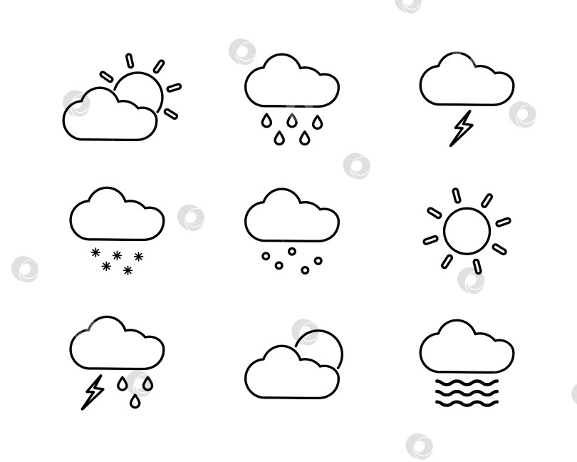 Скачать Набор контурных значков Прогноза погоды. Солнце, облака и осадки. Молния, гроза и туман. Дождь, снег, град фотосток Ozero