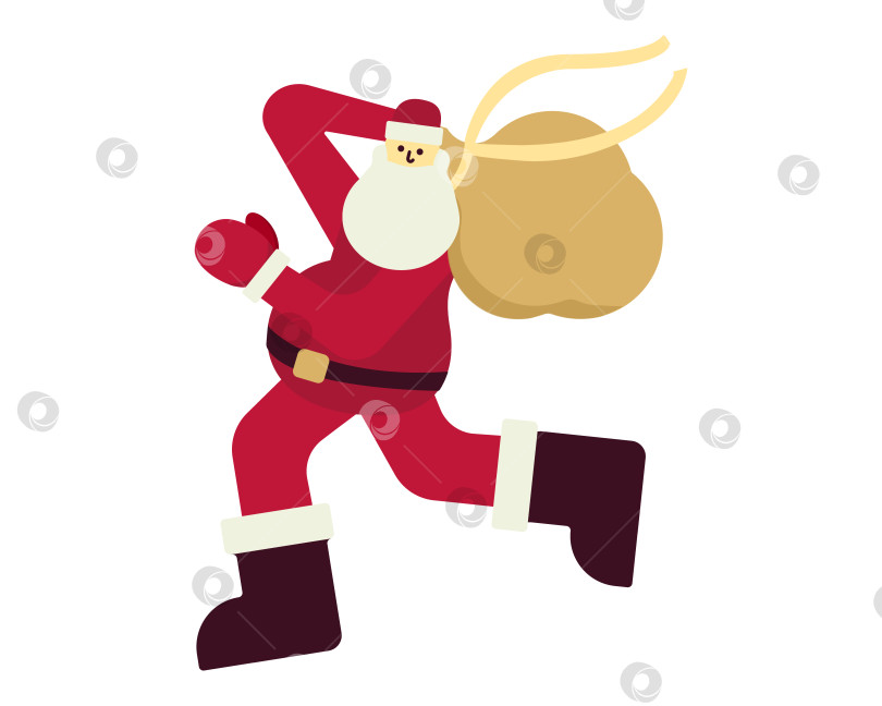 Скачать Санта-Клаус бежит с мешком подарков. Новогодний персонаж спешит в движении. Праздничный красный костюм и белая борода. Изолированный фотосток Ozero