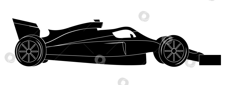 Скачать Черный силуэт болида Формулы-1 с белыми очертаниями. Вид сбоку на гоночный автомобиль. Колеса, спойлеры и нимб. Высокоскоростной фотосток Ozero