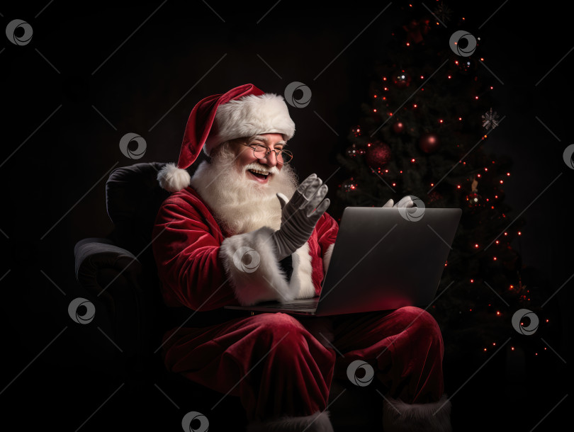 Скачать Поколение искусственного интеллекта. Санта-Клаус пользуется портативным компьютером. Сижу в кресле в канун Рождества. Видеозвонок от Санта-Клауса. фотосток Ozero