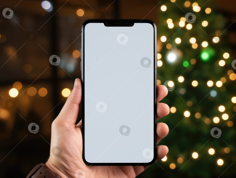 Скачать Поколение искусственного интеллекта. Рука, держащая смартфон с пустым экраном на боке от света рождественской елки. Может быть использован для дизайна, рождественской концепции. фотосток Ozero