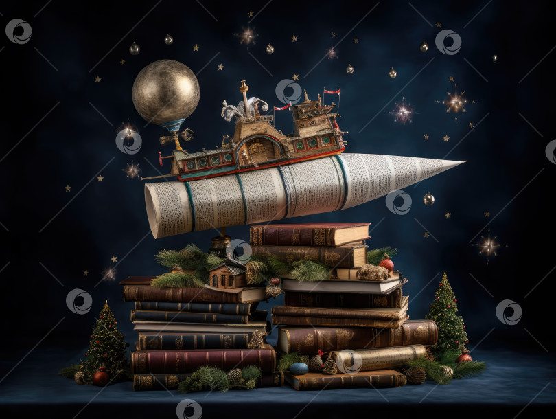 Скачать Поколение искусственного интеллекта. Рождественский и новогодний фон со старой книгой, рождественской елкой, звездным небом и деревянным кораблем. фотосток Ozero