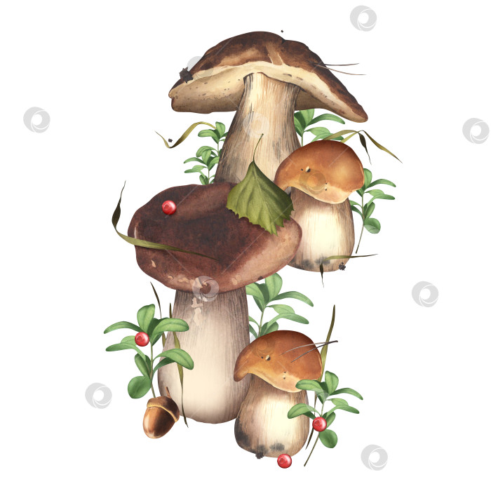Скачать Белые грибы. Лесная иллюстрация со съедобными грибами в окружении клюквы. Зелень и лесные ягоды. Осенний сезон. Акварельная иллюстрация. Для оформления открыток, фонов, наклеек фотосток Ozero