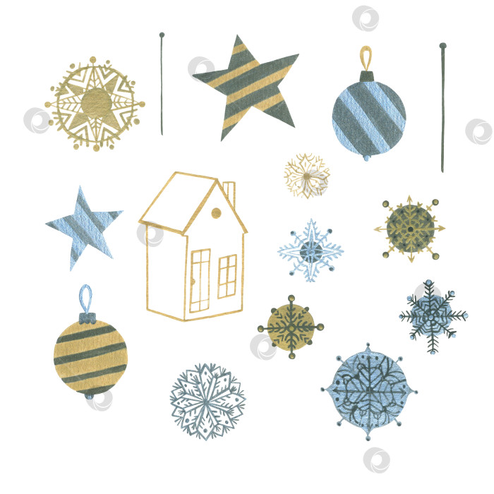 Скачать Иллюстрация акварелью и гуашью. Новогодний и рождественский декор: звезды, елочные шары, домик, снежинки. фотосток Ozero