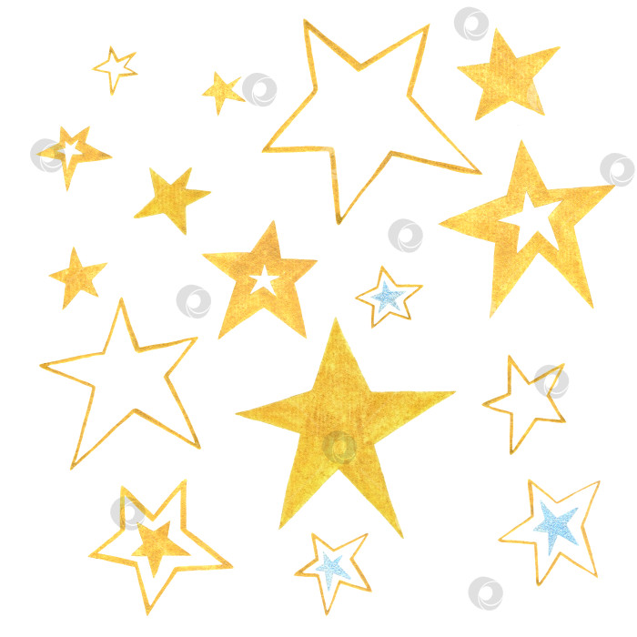 Скачать Иллюстрация акварелью и гуашью.Золотые звезды разного размера на белом фоне. фотосток Ozero