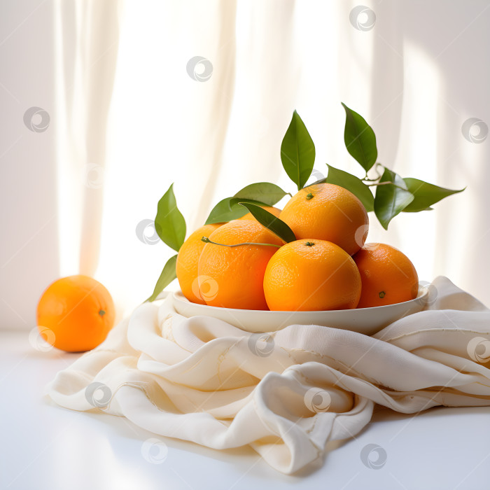 Скачать Апельсины в тарелке на белой ткани фотосток Ozero
