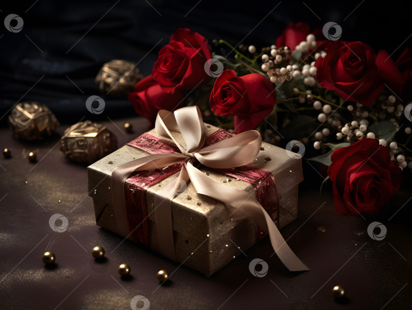 Скачать Подарок с лентой и розами фотосток Ozero