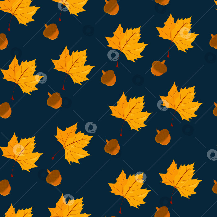 Скачать Бесшовный паттерн. Желтые листья и желуди на темном фоне.  Фоновое  изображение. фотосток Ozero