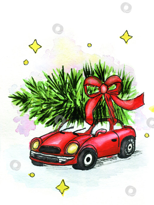 Скачать новогодняя открытка красная машина с рождественской елкой фотосток Ozero