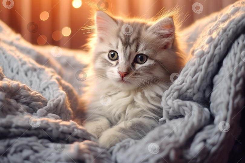 Скачать Очаровательный пушистый котенок нежится на мягком вязаном свитере фотосток Ozero