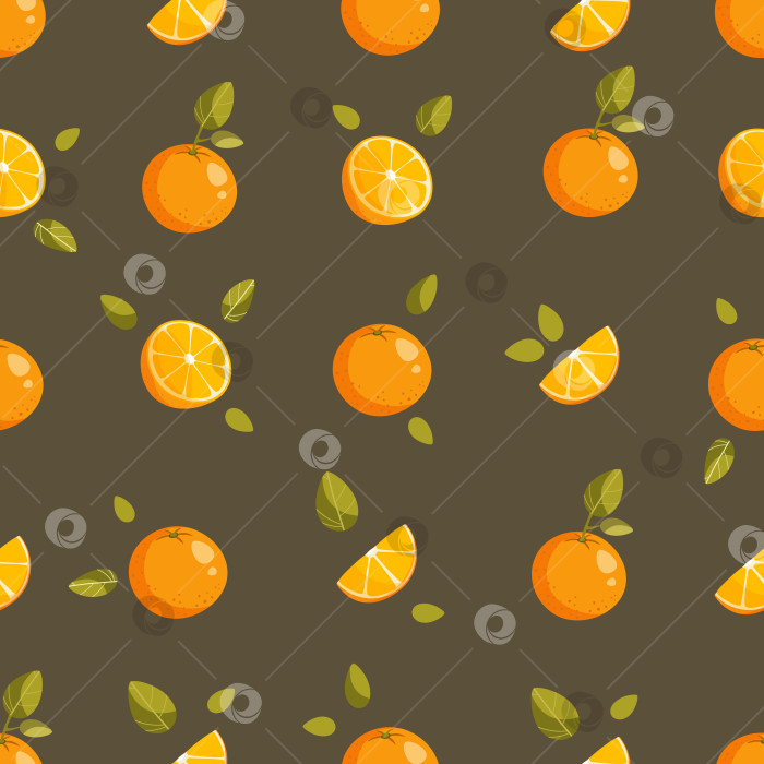 Скачать Бесшовный узор: целые апельсины, половинки и дольки апельсина с зелеными листьями на темном фоне. Фруктовый фон. Идеально подходит для производства текстиля, обоев, плакатов и т.д. Векторная иллюстрация фотосток Ozero