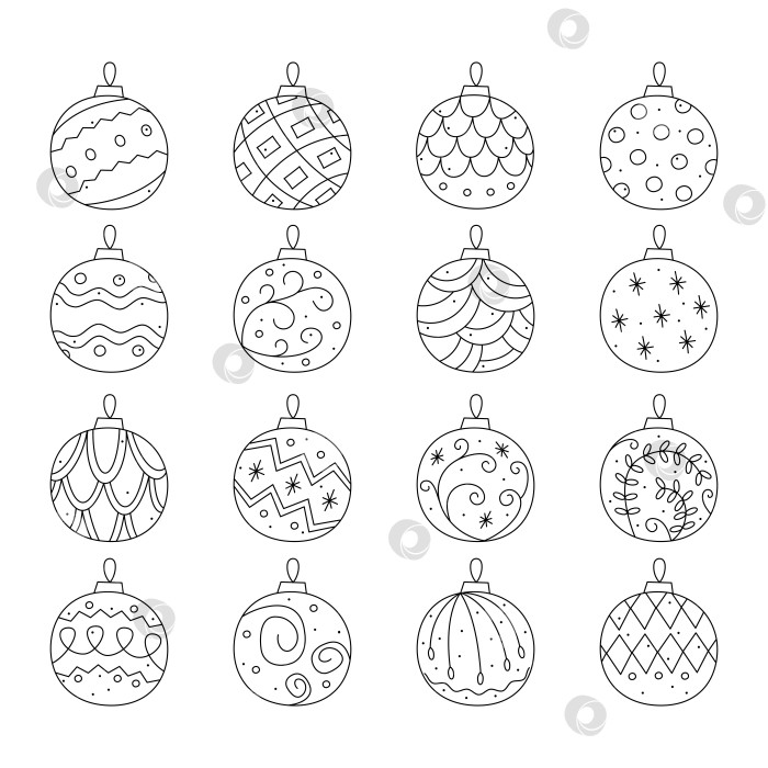 Скачать Набор рождественских шаров с различными абстрактными узорами. Каракули векторная черно-белая иллюстрация клипарта. фотосток Ozero