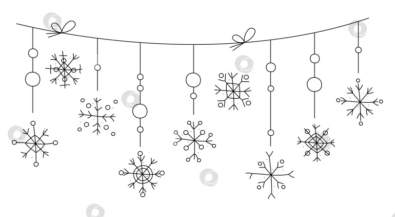 Скачать Нарисуйте рождественскую гирлянду со снежинками, висящими на веревке. Векторная черно-белая иллюстрация клипарта. фотосток Ozero