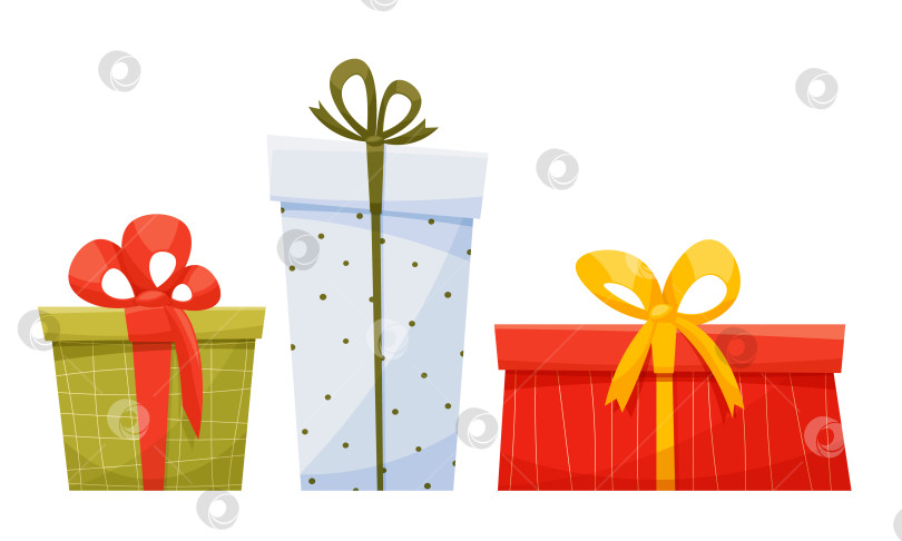 Скачать Красочные новогодние подарочные коробки трех видов разных размеров, цветов и форм. Подарки на Рождество, День Святого Валентина, свадьбу, день рождения. Концепция оформления открытки, стикера, приложения, веб-сайта. фотосток Ozero