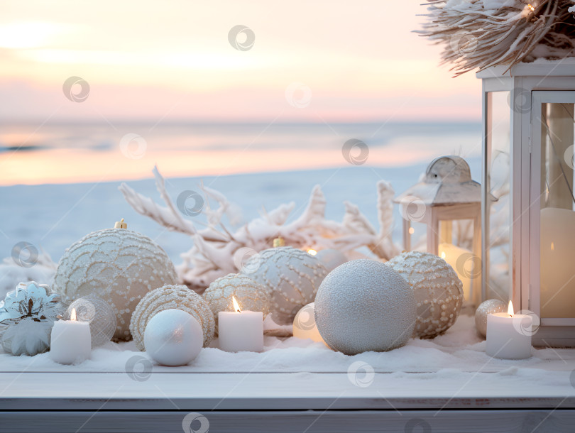 Скачать Белые рождественские украшения с пляжными свечами на песчаном пляже на фоне моря или океана в теплых лучах заката. Счастливых праздников и праздничной концепции празднования. Нежный рождественский и новогодний баннер фотосток Ozero