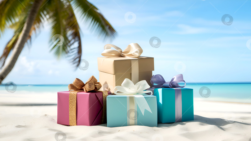 Скачать Красочные подарки на тропическом песчаном пляже. Рождественские и новогодние каникулы на пляже. Экзотическое тропическое Рождество с пальмами и подарочными коробками на пляже. Концепция свадьбы на пляже. фотосток Ozero