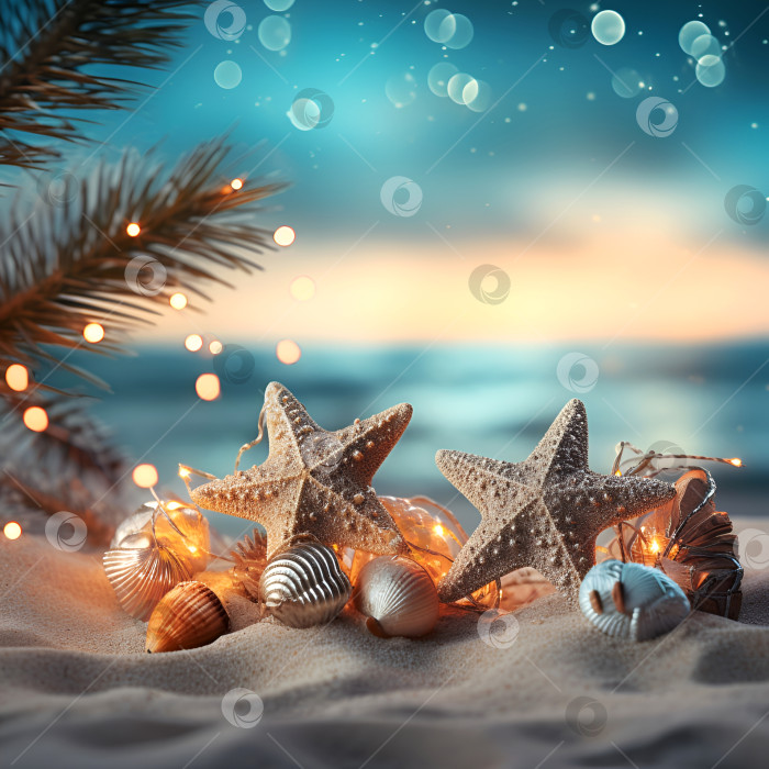 Скачать Тропические рождественские украшения на экзотическом песчаном пляже на фоне моря или океана на закате. Счастливых праздников и праздничной концепции празднования. Креативный рождественский и новогодний баннер с местом для копирования фотосток Ozero