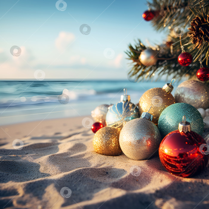 Скачать Рождественские украшения на песке на пляже в яркий солнечный день. Концепция туристических направлений с наступающим Новым годом и Рождеством. Рождественские каникулы на пляже фотосток Ozero