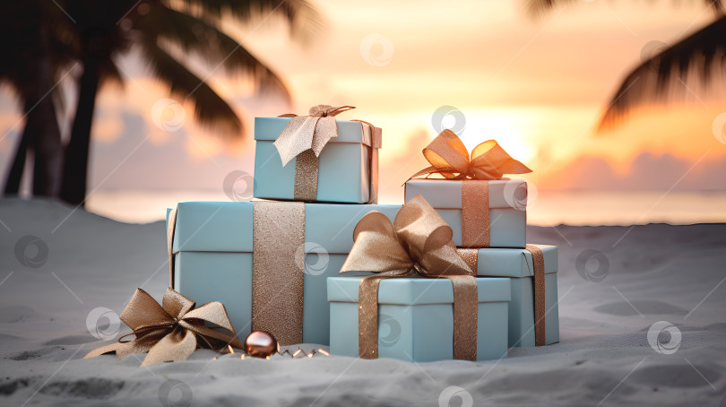 Скачать Красочные подарки на тропическом песчаном пляже. Рождественские и новогодние каникулы на пляже. Экзотическое тропическое Рождество с пальмами и коробками подарков на пляже. Концепция свадьбы на пляже. фотосток Ozero