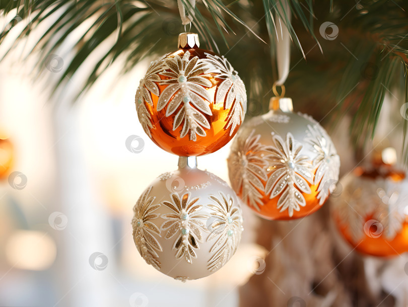 Скачать Золотые и белые блестящие рождественские украшения висят на пальме. Рождественские безделушки на фоне пальмы. Счастливых праздников и праздничной концепции празднования. Креативный рождественский баннер и баннер Нью-Йорка фотосток Ozero