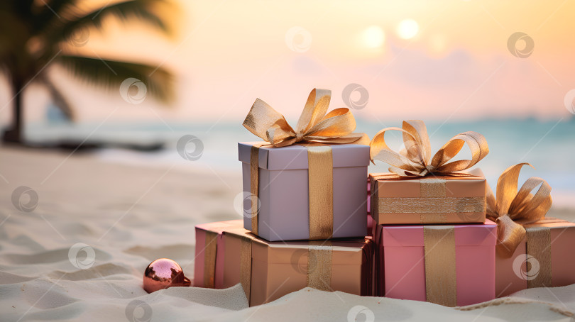 Скачать Подарочные коробки на тропическом песчаном пляже. Рождественские и новогодние праздники на пляже. Концепция свадьбы на пляже. Экзотическое тропическое Рождество с пальмами и коробками подарков на пляже. фотосток Ozero