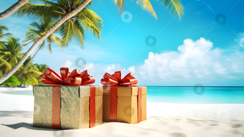 Скачать Рождественские и новогодние каникулы на пляже. Экзотическое тропическое Рождество с пальмами и коробками подарков на пляже в солнечный день. Рождественские красочные подарки на тропическом песчаном пляже фотосток Ozero