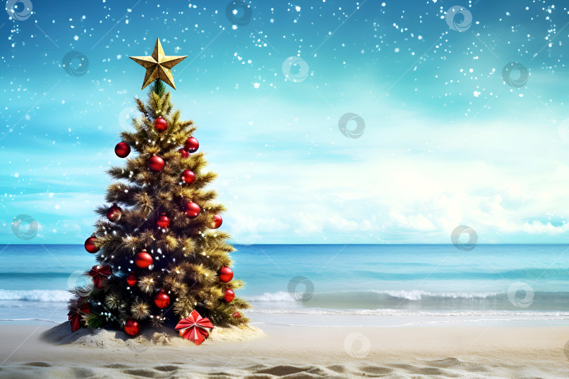 Скачать Рождественская елка и украшения на пляже яркой звездной ночью Концепция туристических направлений с наступающим Новым годом и Рождеством. Рождественские каникулы на пляже. Рождественское волшебство фотосток Ozero