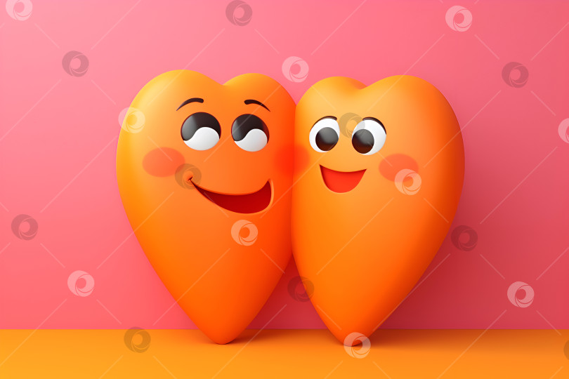Скачать Два застенчивых мультяшных сердечка влюбленных персонажей на цветном фоне. 3D застенчивые мультяшные сердечки со смущенными лицами. Милые влюбленные пластиковые сердечки. Иллюстрация ко дню объятий или Дню Святого Валентина, шаблон эмодзи фотосток Ozero