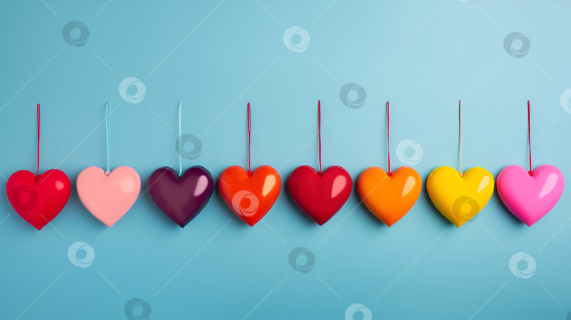 Скачать Набор пластиковых сердечек на цветном фоне. Разноцветные 3D-сердечки на светло-голубом фоне. Баннер "День дружбы", "День объятий" или "День Святого Валентина". Минималистичная иллюстрация любви. Символ любви фотосток Ozero