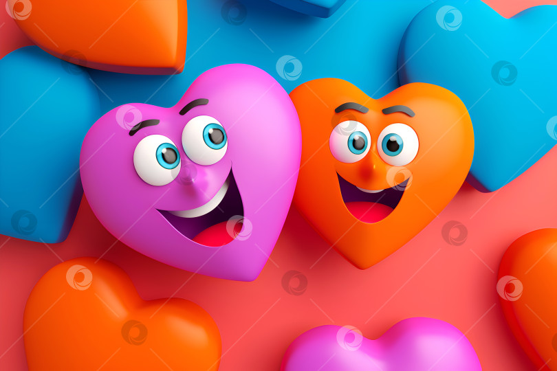 Скачать Забавные мультяшные сердечки на красочном фоне. 3D мультяшные сердечки веселятся, цветной фон. Милые пластиковые сердечки, иллюстрация веселящихся друзей. Иллюстрация дня дружбы или объятий фотосток Ozero