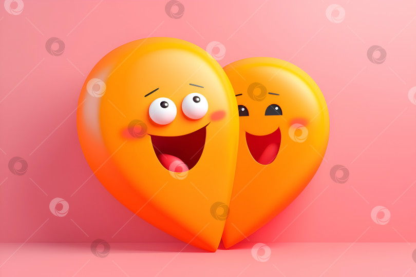 Скачать Забавный мультяшный персонаж в виде сердца на цветном фоне. 3D пластиковые сердечки со смеющимися рожицами. Милые мультяшные сердечные персонажи весело проводят время. Иллюстрация дня дружбы или объятий, шаблон эмодзи фотосток Ozero