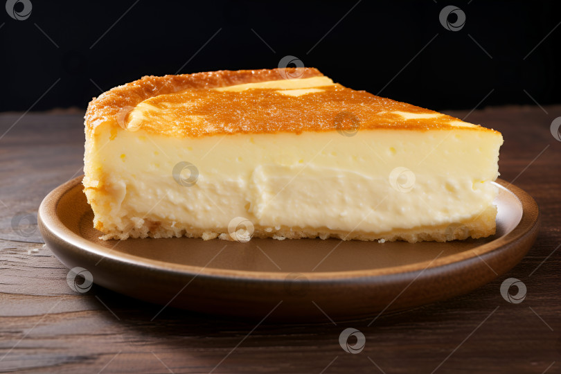 Скачать Ломтик сырного пирога. Классический кусочек сырного торта на темной керамической тарелке на деревянном столе, деревенский фон. Кусочек торта со сливочно-творожным сыром, вид спереди, концепция здорового завтрака. Свежеиспеченный сырный пирог фотосток Ozero