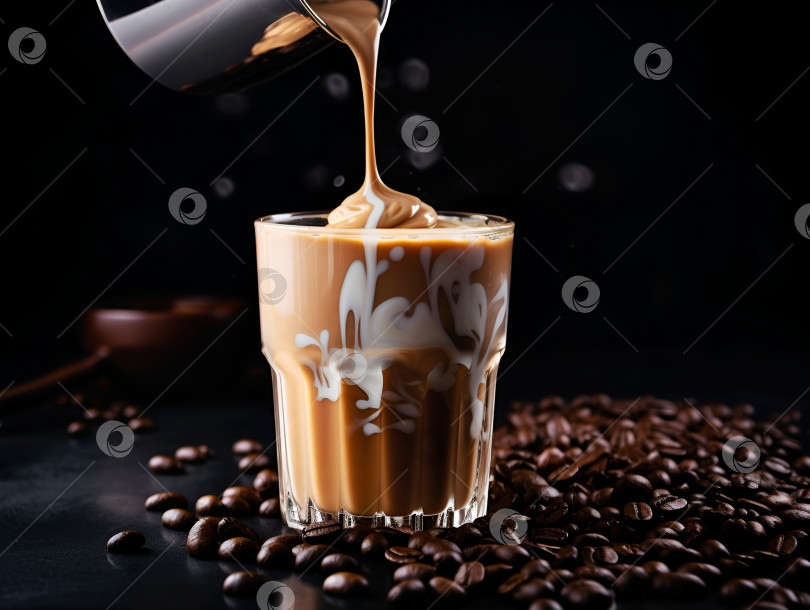 Скачать Кофе дальгона в процессе приготовления, темный фон, кофейные зерна. Слоеный кофейный напиток, приготовленный из растворимого кофе или взбитого порошка эспрессо. Кофейный латте со взбитой кофейной пенкой поверх молока, кофейный тренд фотосток Ozero